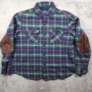 Polo Ralph Lauren Shirt Mens 2XL Blue Green Plaid Flannel Elbow Patch Outdoor